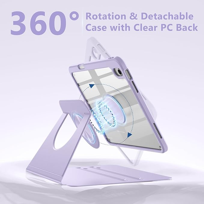 Wenlaty for iPad (A16) 11th Generation Case 11 Inch 2025 for iPad 10th Generation Case 10.9 Inch 2022 with Pencil Holder 360° Rotating Protective Stand Cover Detachable Magnetic Back Lavender