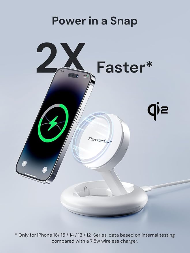 PowerLot Wireless Charger 15W Fast Qi2-Certified Wireless Charging Station Compatible with iPhone 16/15 /15 Plus / 15 Pro /15 Pro Max /14/13 /12 Qi2 Enabled Devices (20W PD Charger Included)