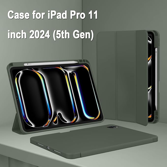 ZryXal iPad Pro 11 Inch Case (M5) 2025/ (M4) 2024 (Model: A2836/A2837/A3006) Trifold Stand Smart Cover with Pencil Holder and Soft TPU Back Auto Wake/Sleep (Dark Green)