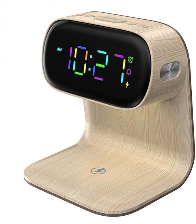AYI 3in1 Multi-Functional Wireless Charging Alarm Clock Smart Night Light Qi Charger LED Digital Clock Adjustable Light 15W Fast Wireless Charging for All Qi Phone and TWS Headphone Pro Wood Color