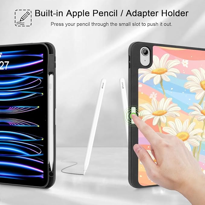 Mektron Case for iPad Air 11 inch (M4 2026 8th /M3 2025 7th /M2 2024 6th) Compatible with iPad Air 10.9 (2022 5th Gen /2020 4th Gen) Tablet Cover Buit in Pencil Holder Colorful Daisy
