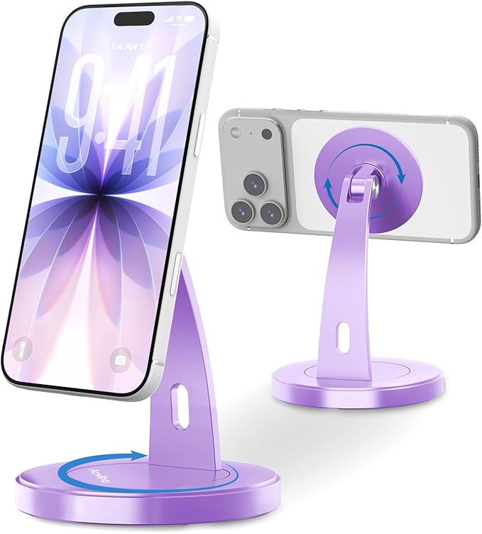 Magnetic Phone Stand for Desk – 360° Rotating Aluminum Phone Holder Stable Desk Stand for Office Home &amp Kitchen Compatible with iPhone 17 Pro Max 16–12 Series and MagSafe Cases Purple
