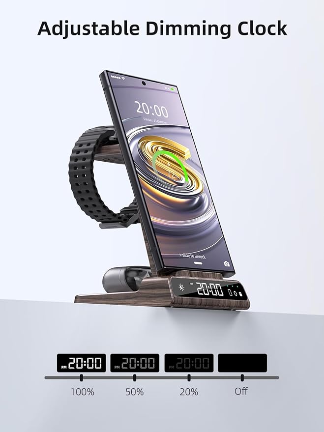 Wireless Charger Samsung Charging Station: 3 in 1 Android Charging Stand with Dimmable Clock - Nightstand Organizer for Galaxy S25 S24 Ultra Galaxy Watch 8 7 6 5 4 Galaxy Buds Space-Saving Charger