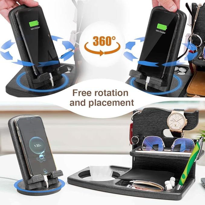 Gifts for Men Fathers Day Wood Phone Docking Station for Dad Desk or Nightstand Organizer Mens Gifts for Husband Birthday Gifts for MenGifts for Fathers Day Key Holder Wallet Watch &amp Essent