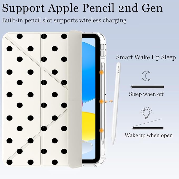 Cute Black Polka Dot for iPad Air5/Air4 Case with Pencil Holder Auto Sleep/Wake White Leather Acrylic Back Detachable Cover for iPad 10.9 Inch 2022/2020
