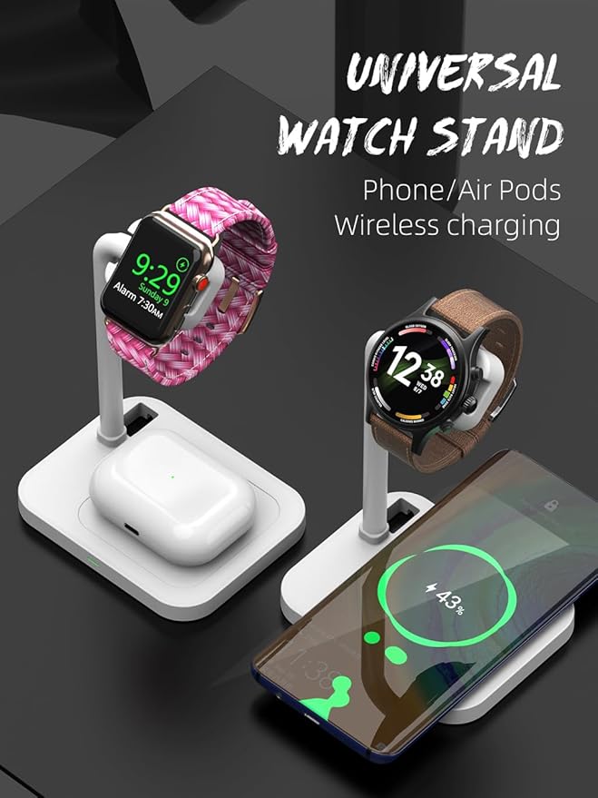 2 in 1 Universal Wireless Charging Dock with Adjustable Smartwatch Stand Compatible with Samsung/Google/Pixel/Fossil/Fitbit/Garmin/Huawei/AMAZTIM/Amazfit/Suunto/xiaomi(2SW-W)