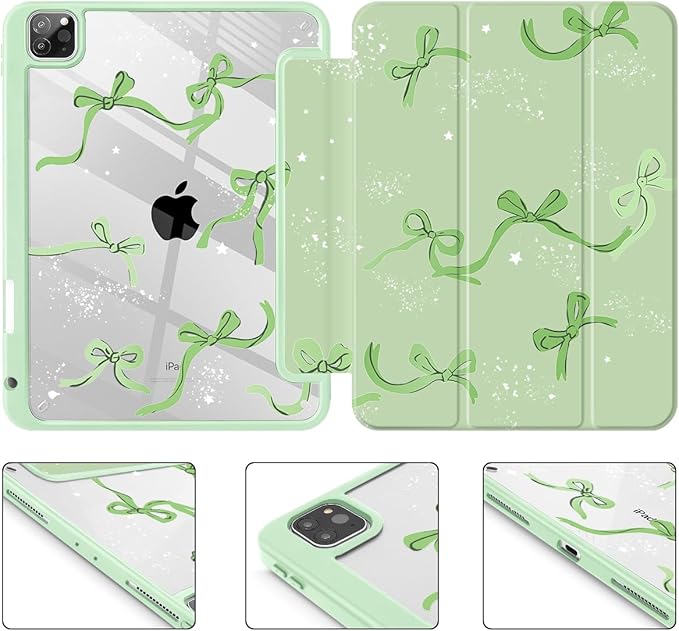Tuiklol Case for iPad Pro 12.9 Inch M2 Case 2022 2021 2020 2018 Generation 6th/5th/4th/3rdBuilt-in Pencil 2nd Holder Clear Transparent Protective Back Shell Cover Bow-Green
