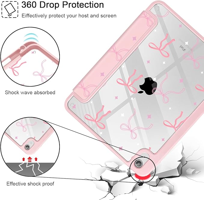 Tuiklol Case for iPad 11 inch (A16 Chip) 2025 Gen 11th / iPad 10.9 inch 2022 10th Gen Buit in Pencil Holder with Shockproof Cover Clear Transparent Back Shell Auto Wake/SleepPink Bows