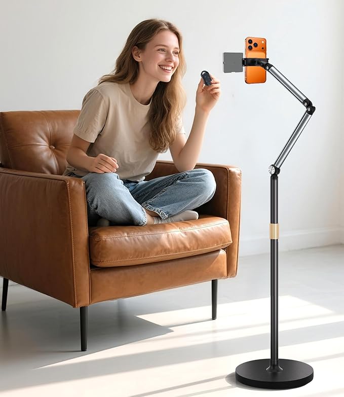 Phone Floor Stand Cell Phone Stand with Flexible Arm for Bed 69 Height Adjustable iPhone Stand Stable Overhead Tripod with 360°Rotatable Phone Holder &amp Remote for Recording Sofa Desk