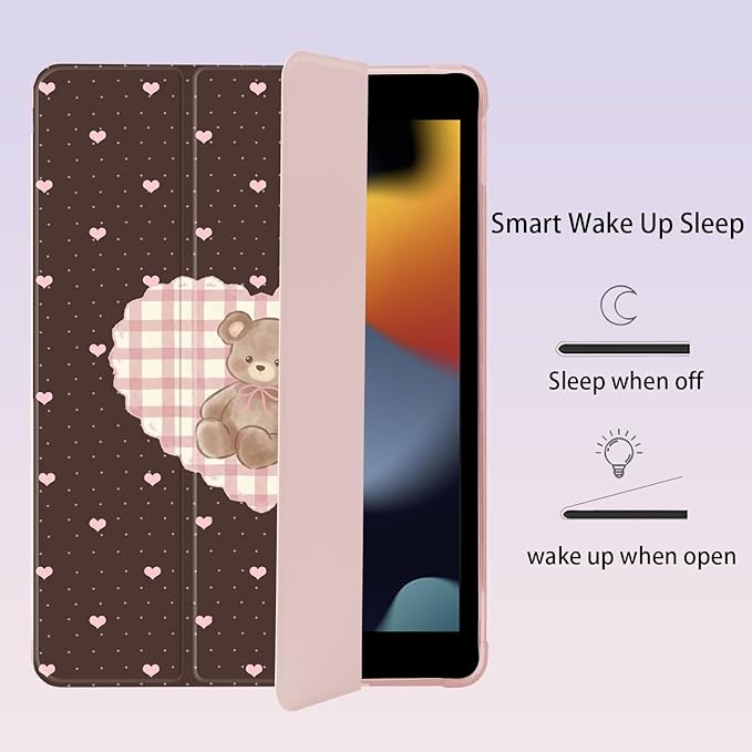 Cute Kawaii Bear Love Heart for iPad mini 7 A17 Pro 2024/iPad Mini 6 Case with Pencil Holder Auto Sleep/Wake Pink Leather Soft TPU Back Cover