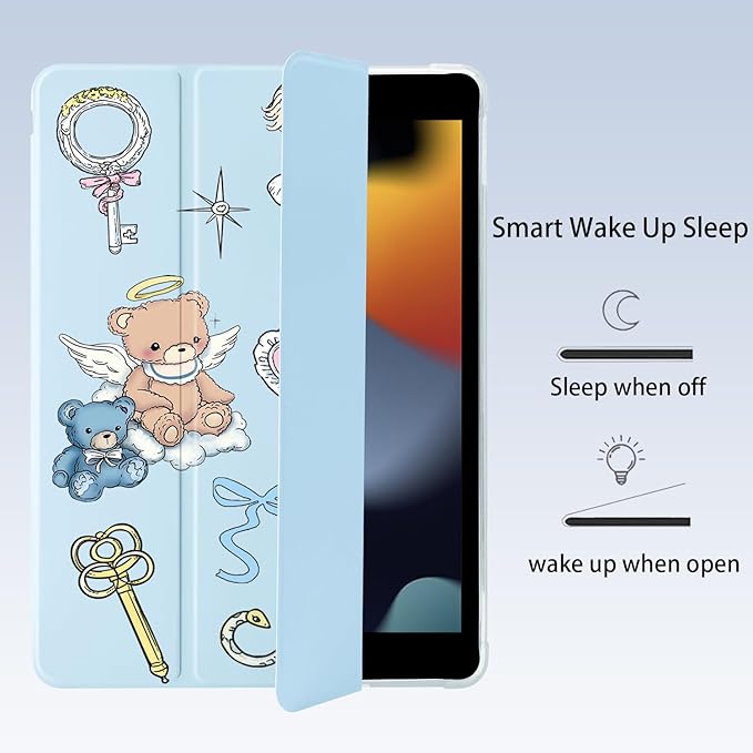 Cute Kawaii Bear Angel Bow for iPad Pro 12.9 Inch Case 5th/6th Generation 2022/2021/2020 with Pencil Holder Auto Sleep/Wake Blue Leather Soft TPU Back Cover