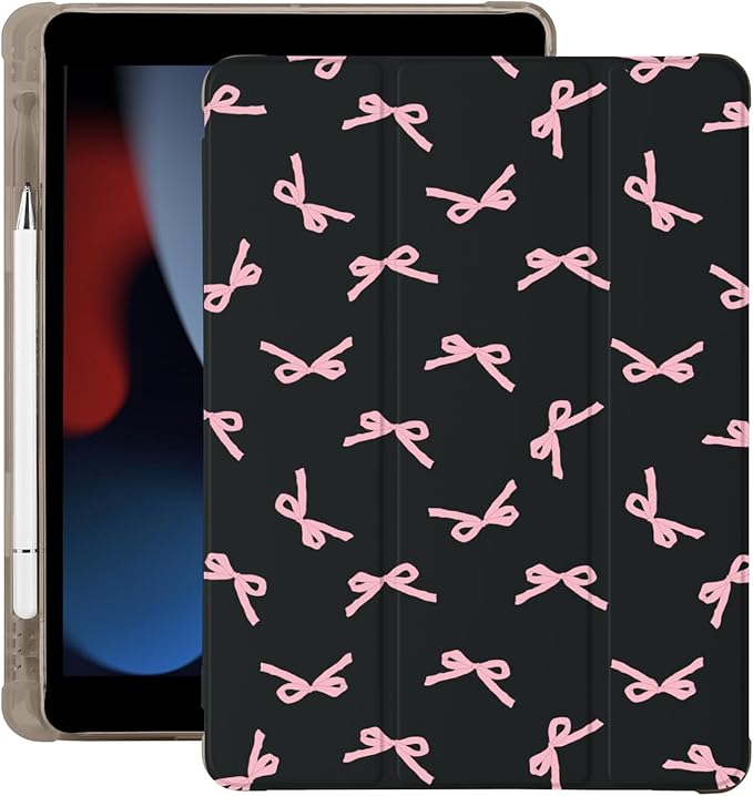 Cute Kawaii Pink Bow for iPad Pro 13 Inch Case (M5/M4) 2025/2024 with Pencil Holder Auto Sleep/Wake Black Leather Soft TPU Back Cover