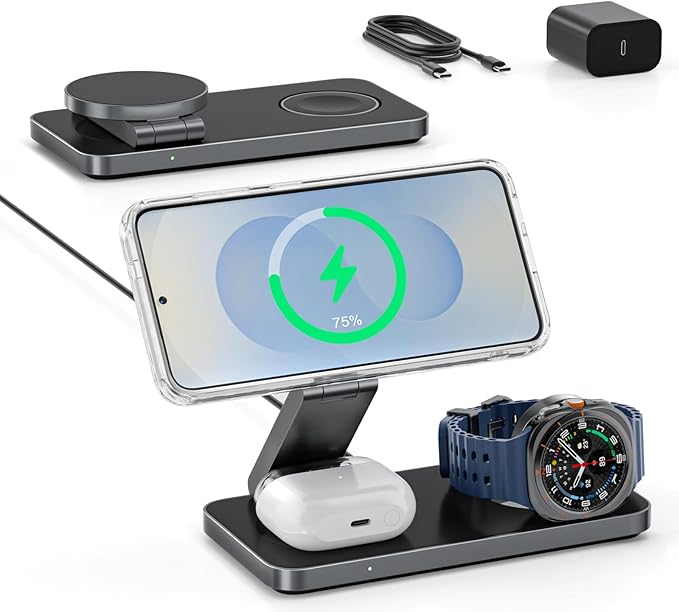 3-in-1 Charging Station for Samsung Magnetic Fast Wireless Charger Stand Compatible with MagSafe for Galaxy S26/S25/S24/S23/Z Fold/Flip Series Galaxy Watch Ultra/8/7/6/5 Galaxy Buds Pro/4/3/2