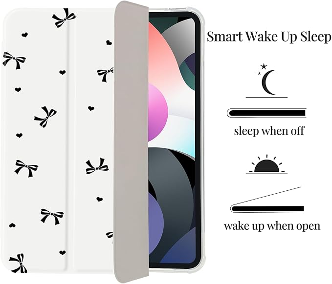 Black Bow Heart Case for iPad mini 7 A17 Pro 2024/iPad Mini 6 (8.3 Inch2021) 6th Gen[Pencil Holder+Auto Sleep/Wake]Slim Trifold Stand Protective Cover with Soft TPU BackWhite