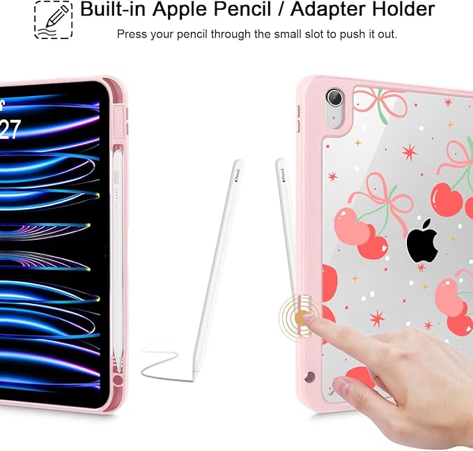 Tuiklol Case for iPad 11 inch (A16 Chip) 2025 Gen 11th / iPad 10.9 inch 2022 10th Gen Buit in Pencil Holder with Shockproof Cover Clear Transparent Back Shell Auto Wake/SleepEtro Cherry