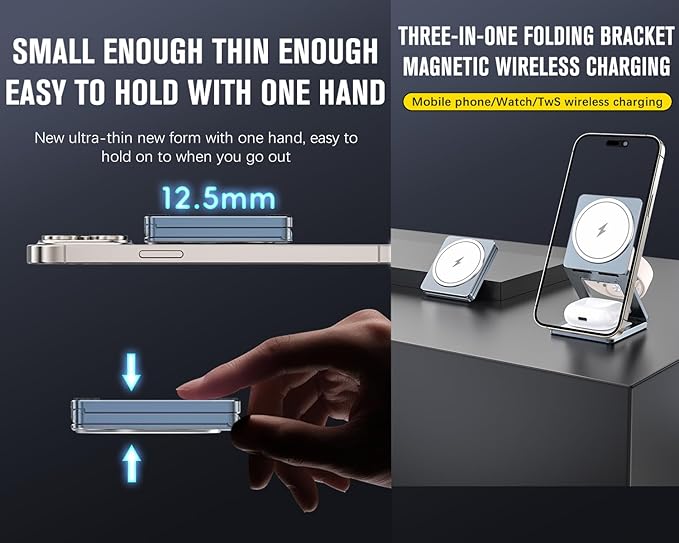 3 in 1 Wireless Charger StationAluminum Alloy Foldable Travel for iPhone Wireless Charger Fast 15W ChargingMag Safe Charger Stand for iPhone/Apple Watch/Airpods SeriesSmallUltra-Thin