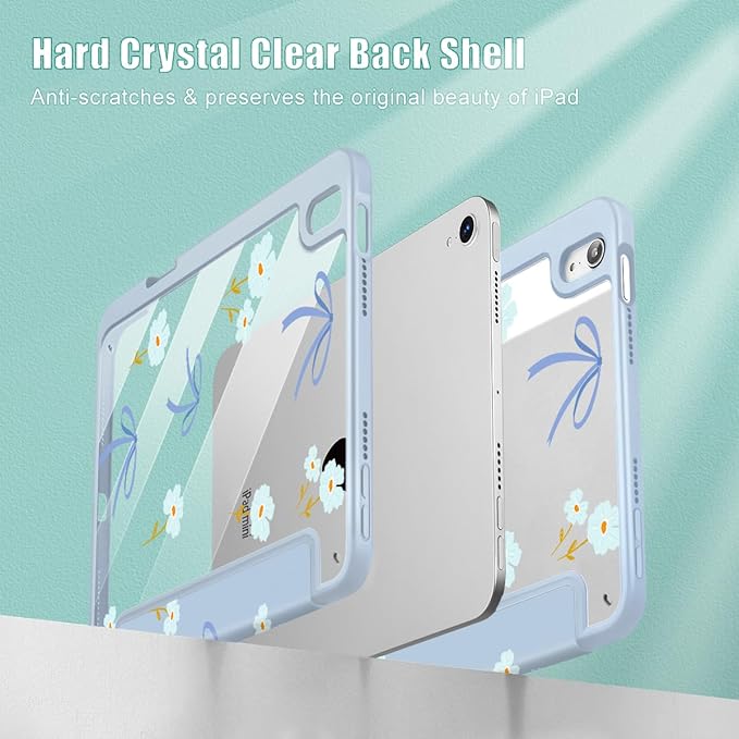 Mektron Printed Case for iPad mini 7 (A17 Pro) 2024/ Mini 6 2021 iPad mini 7th/6th Generation 8.3-inch Liquid Retina Display Cover Buit in Pencil Holder with Clear Back Shell Blue Bows &amp Flower
