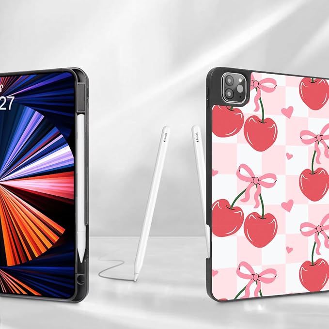 Mektron Case for M5/ M4 iPad Pro 11 inch 2025/2024 with Pencil Holder Compatible Models: A3357/A3358/A3359/A2836/A2837/A3006 Tablet Cover with Soft TPU Back Cover Cherries Bows C353