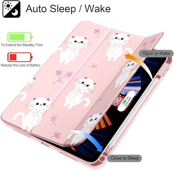 Tuiklol Case for iPad 11 inch (A16 Chip) 2025 Gen 11th / iPad 10.9 inch 2022 10th Gen Buit in Pencil Holder with Shockproof Cover Clear Transparent Back Shell Auto Wake/SleepCat-Pink