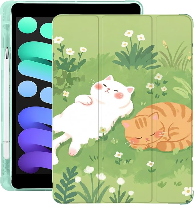 Cue Kawaii Cat Kitten for iPad Pro 13 Inch Case (M5/M4) 2025/2024 with Pencil Holder Auto Sleep/Wake Green Leather Soft TPU Back Cover