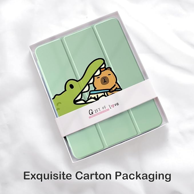 Cute Kawaii Capybara Crocodile for iPad Air 11 Inch Case 7th/6th Generation (M3/M2) 2025/2024 with Pencil Holder Auto Sleep/Wake Green Leather Clear Acrylic Back Cover