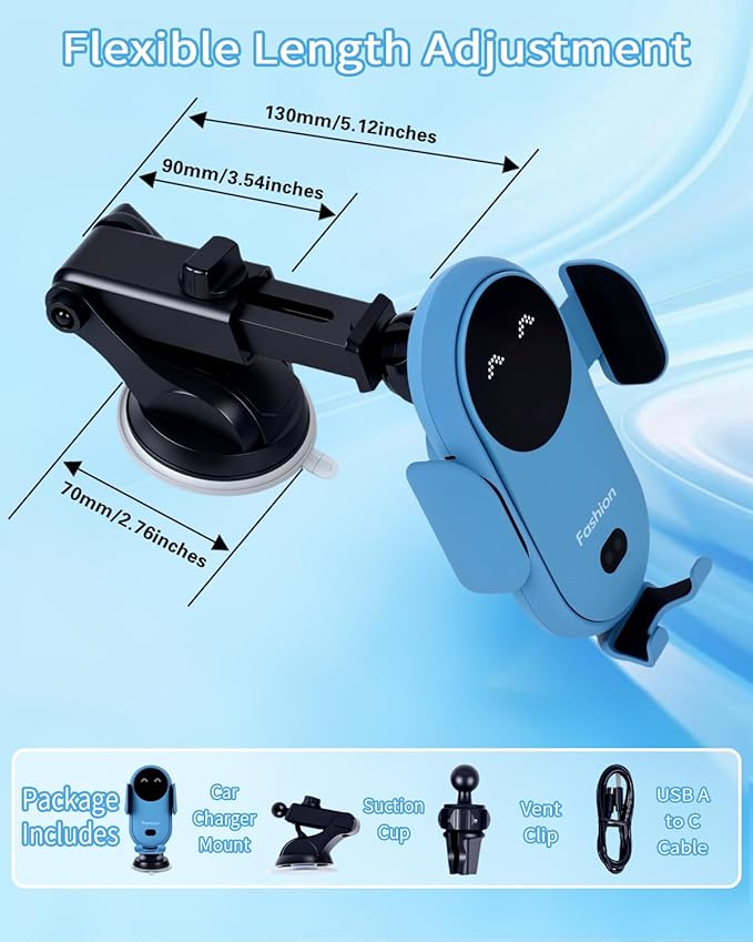 Wireless Car Charger Auto-Clamping 3-in-1 Phone Mount - 15W/10W/7.5W Fast Charging Car Accessories Compatible with iPhone 16/15/14/13/12/11/Xs/XR Samsung S23 Ultra/S22/S21/S20/S10+/S9(Blue)