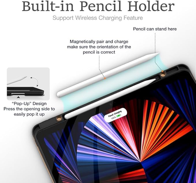 Leather Cases for IPad Pro 12.9 Case 6th/5th/4th/3rd Generation - Protective Multi-Angle Folio with Pencil Holder &amp Pocket - Auto Wake/Sleep Premium PU Leather Cover - Black