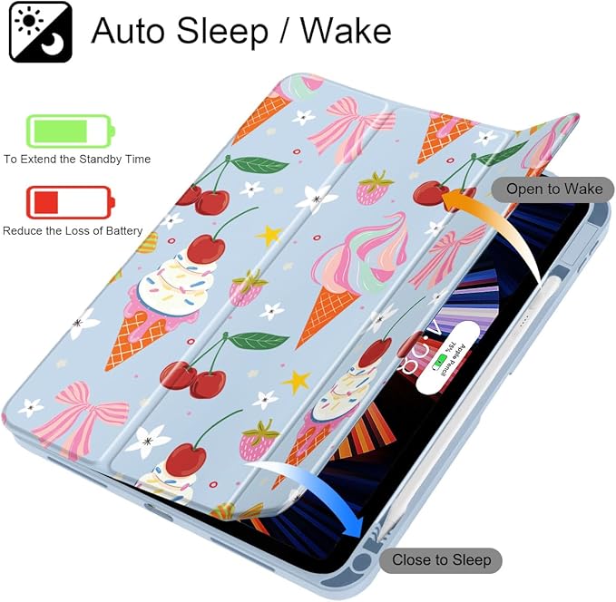 Case for iPad 11 inch A16 2025 Generation 11th / iPad 10.9 inch 2022 10th Gen Buit in Pencil Holder with Shockproof Cover Clear Transparent Back Shell Auto Wake/Sleep Ice Cream-Bows-Blue