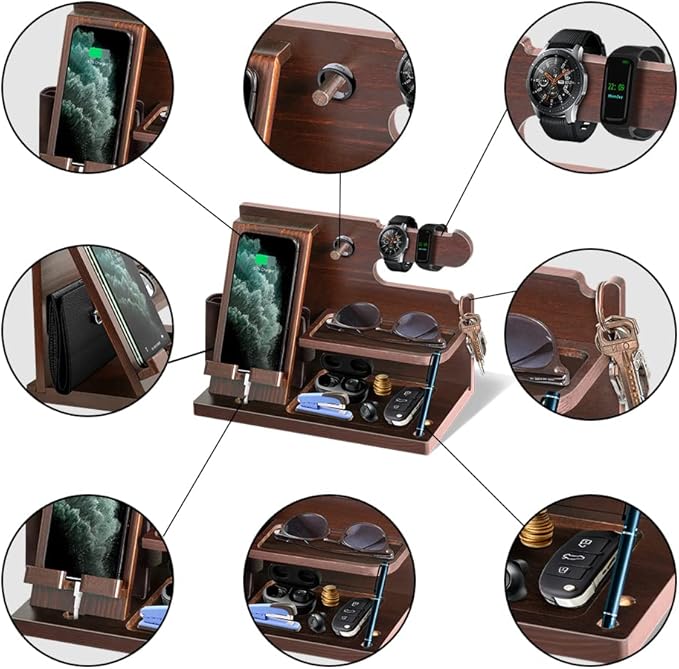 Gifts for Men Wood Phone Docking Station for Mens Gifts for Christmas Husband Anniversary Dad Birthday Gifts for Men or Dad - Nightstand Organizer Purse Father Desk Accessories &amp Workspace Organiz