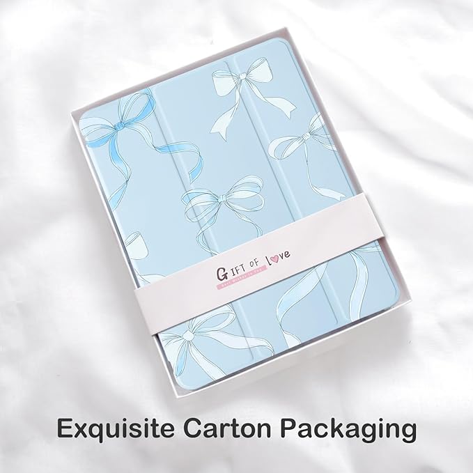 Cute Ribbon Bow for iPad 7th/8th/9th Generation Case with Pencil Holder Auto Sleep/Wake Blue Leather Soft TPU Back Cover for iPad 10.2 Inch 2019/2020/2021