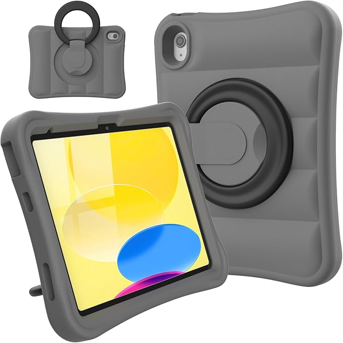 MRWHO Kids Case for iPad (A16) 11th Generation 11 inch 2025/ 10th Generation 10.9 inch 2022 - Sturdy Lightweight Flexible Shockproof Rotating Stand Handle Girls Boys Cover for iPad 11 10 Gen Grey