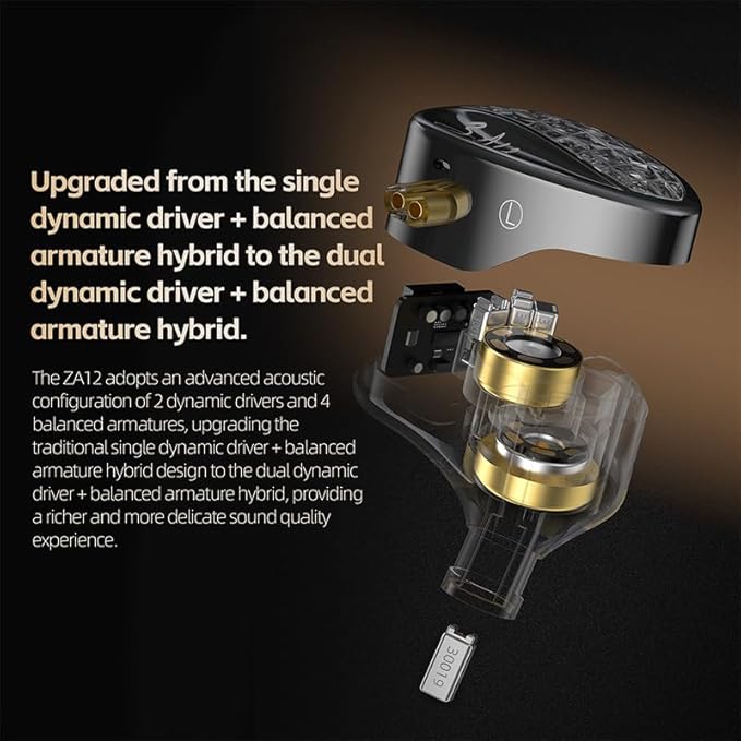 KZ ZA12 in Ear Monitor 2DD+4BA Hybrid Wired Earbuds KZ in Ear Monitor Gaming EarbudsSilver-Plated IEM Cable for Audiophile (No Microphone Matte Black)