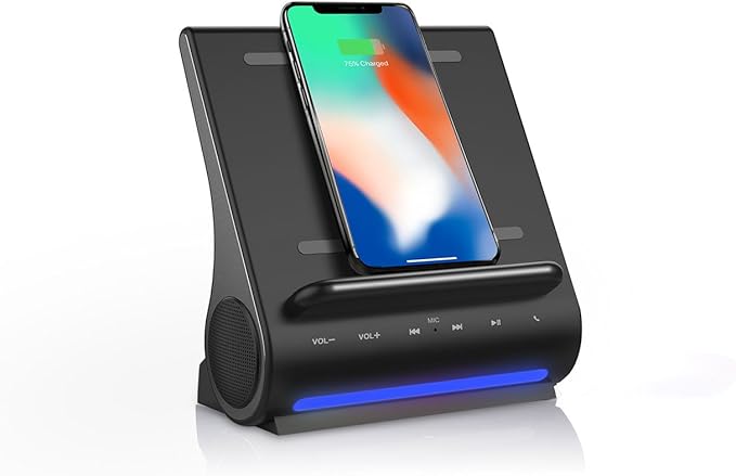 DockAll D108 Wireless Charging Dock Bluetooth Speakers by Azpen. Qi-Certified Wireless Charger for iPhone 15/14/13/12/11/X/8 and Samsung Galaxy S23/S22/S21/S20/S21/S10/S9 - Black