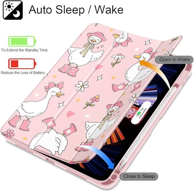 May Chen for iPad Air 11-inch M4/M3/M2 (2026/2025/2024) iPad Air 5th/4th 10.9 Inch - Shockproof Cover with Clear Back Shell &amp Penceil Holder Auto Wake/Sleep Stand Cover Cute Goose Spring