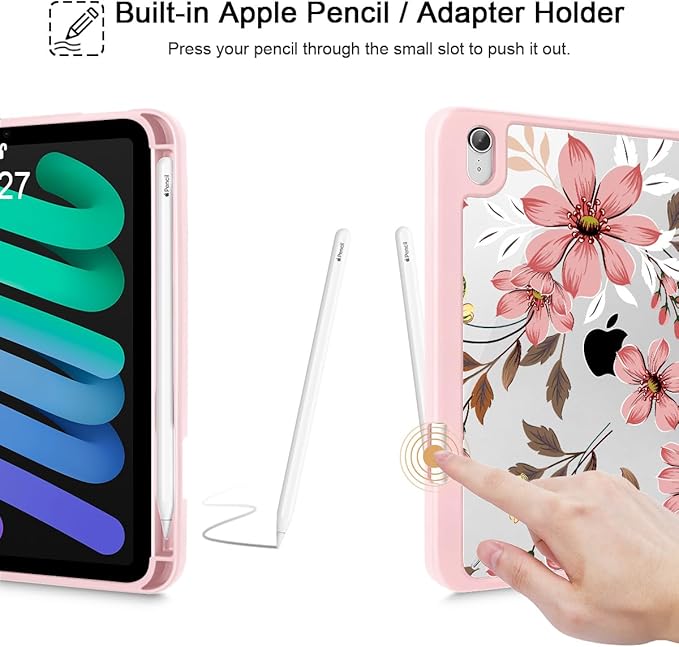 Mektron Printed Case for iPad mini 7 (A17 Pro) 2024/ Mini 6 2021 iPad mini 7th/6th Generation 8.3-inch Liquid Retina Display Cover Buit in Pencil Holder with Clear Back Shell Floral C293