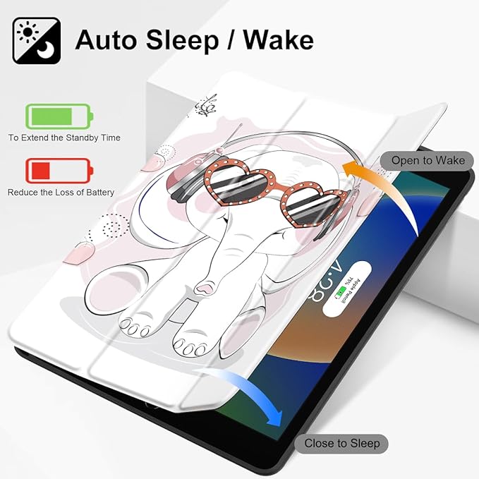 Tuiklol Case for iPad 10.2 Inch 2021 2020 2018 Release 9th / 8th / 7th Generation Built-in Pencil Holder TPU Protective Stand Back Cover Trifold Stand-Auto Wake/Sleep Lovely Elephant