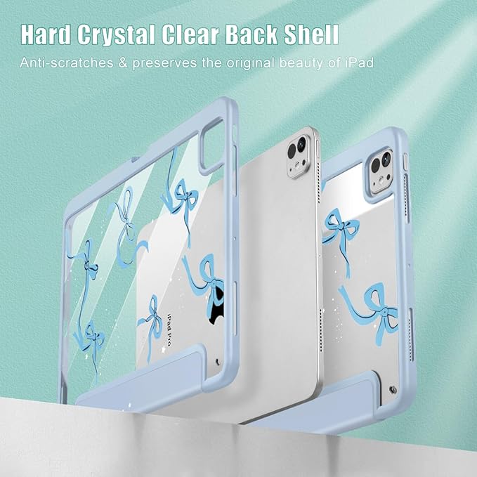 May Chen Case for iPad Pro 11-Inch M5/M4 2025/2024 (6th/5th Generation) Clear Transparent Print Back Shell Slim Stand Shockproof Tablet Cover Auto Wake/Sleep Bows Blue