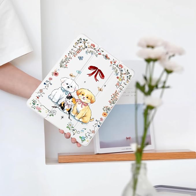 Cute Kawaii Kitten Puppy for iPad Air 11 Inch Case 7th/6th Generation (M3/M2) 2025/2024 with Pencil Holder Auto Sleep/Wake White Leather Soft TPU Back Cover