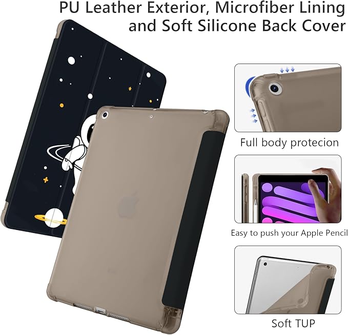Cute Astronaut Space for iPad Air 13 Inch Case M3 2025/M2 2024 with Pencil Holder Auto Sleep/Wake Black Leather Soft TPU Back Cover