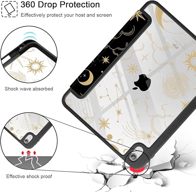 Tuiklol Compatible with iPad 10th Generation Case 2022 10.9 Inch Buit in Pencil Holder with Shockproof Cover Clear Transparent Back Shell Auto Wake/Sleep with Model A2757 A2777 A2696 Moon and Star