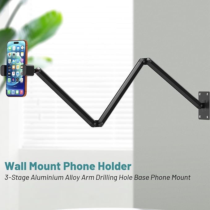Wall Mount Phone HolderPhone Holder for Desk Bed3-Stage Aluminium iPhone StandFoldable Extendable Arms Heavy Duty Drilling BaseCompatible with 3.5~7.5 iPhone/HTC/LG/Huawei/Galaxy/Smartphones
