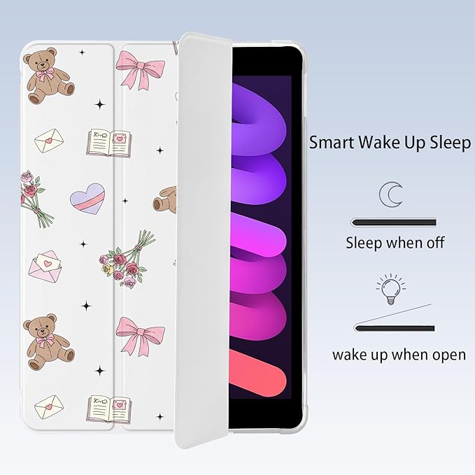 Cute Kawaii Bear Bunny for iPad 5th/6th Generation Case with Pencil Holder Auto Sleep/Wake White Leather Soft TPU Back Cover for iPad 9.7 Inch
