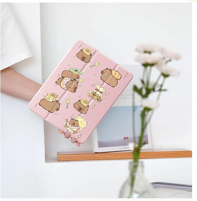 Cute Kawaii Capybara for iPad Air 11 Inch Case 7th/6th Generation (M3/M2) 2025/2024 with Pencil Holder Auto Sleep/Wake Pink Leather Clear Acrylic Back Cover