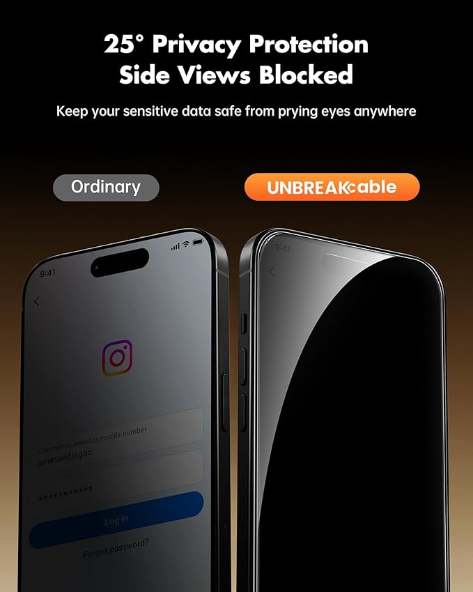 UNBREAKcable Privacy Screen Protector for iPhone 15 Plus (6.7) 25° Anti-Spy Tempered Glass Easy Install Alignment Frame Case-Friendly 9H Hardness Anti-Fingerprint 3-Pack