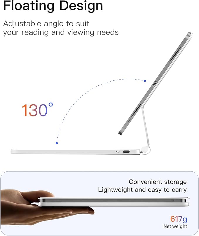 Inateck Magnetic Keyboard Case for Air 11 inch (M4 2026/2025 M3/2024 M2) Easy-Set for Air 6/5/4 Gen iPad Pro 11 inch 4/3/2/1 Gen Floating Cantilever Stand 7-Color Backlight with Trackpad White