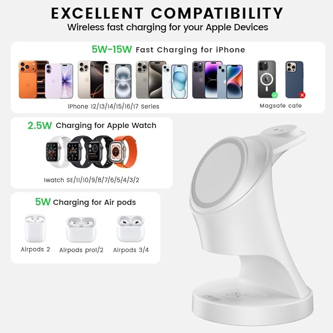 3 in 1 Wireless Charging Station for Apple DevicesMagsafe Charger for IPhone17 16 15 14 13 12 Pro/Max/Plus/Mini Wireless Charger Station for AirPods 2/3/4Pro iWatch Ultra11/10/9/8/7/SE/6/5/4/3/2
