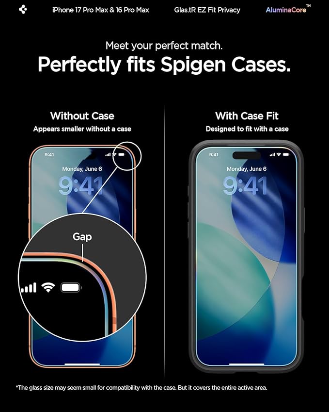 Spigen AluminaCore Tempered Glass Screen Protector [Glas.tR EZ Fit - Privacy] designed for iPhone 17 Pro Max | iPhone 16 Pro Max [2 Pack] 9H+ Hardness Aluminum-Enhanced Durability