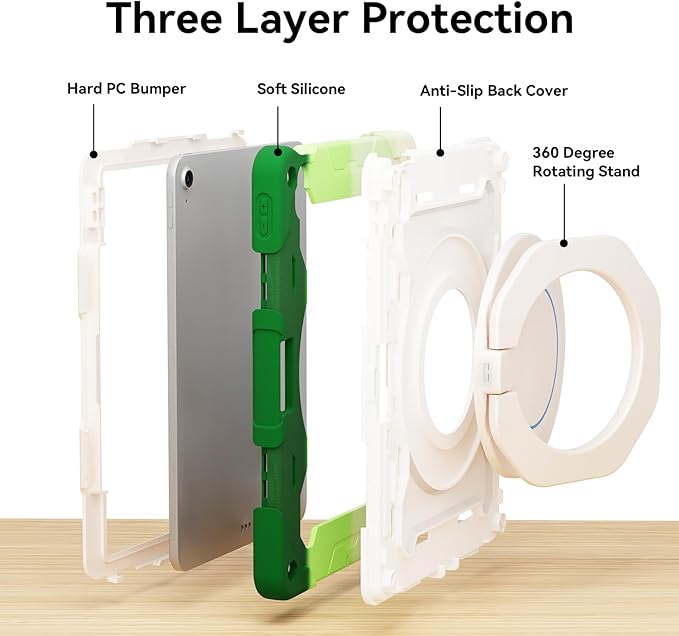 ACEMO for iPad Air 13 Inch Case M3 2025 &amp iPad Air 13 Inch M2 2024 with Pencil Holder/ 360° Rotating Kickstand/Grip Handle/Shoulder Strap for Kids Girls Heavy Duty Rugged Protective Cover Green