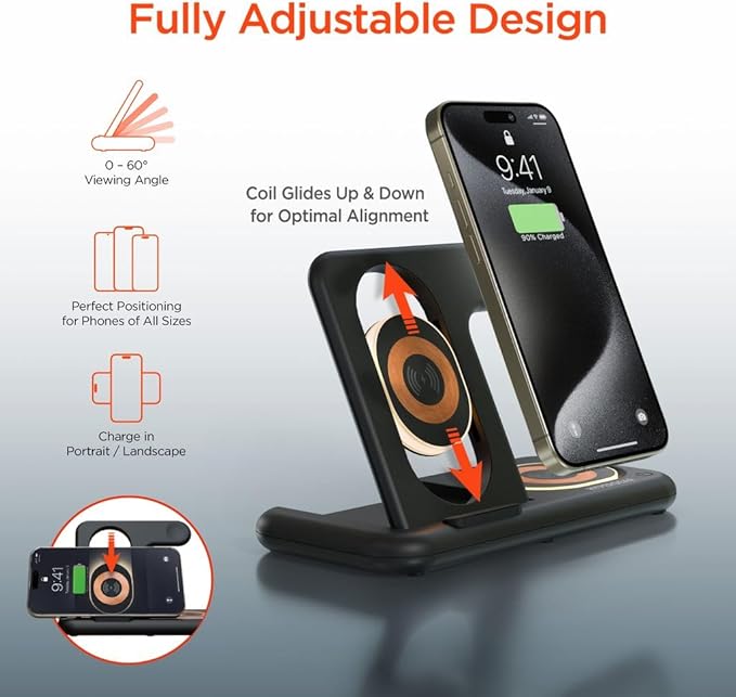 HyperGear 4-in-1 Foldable Wireless Charger iPhone Charging Stations for Multiple Devices Portable 15W Magnetic iPhone Charger Stand Dock with Extra 5W USB Port Apple Watch and AirPods Compatible