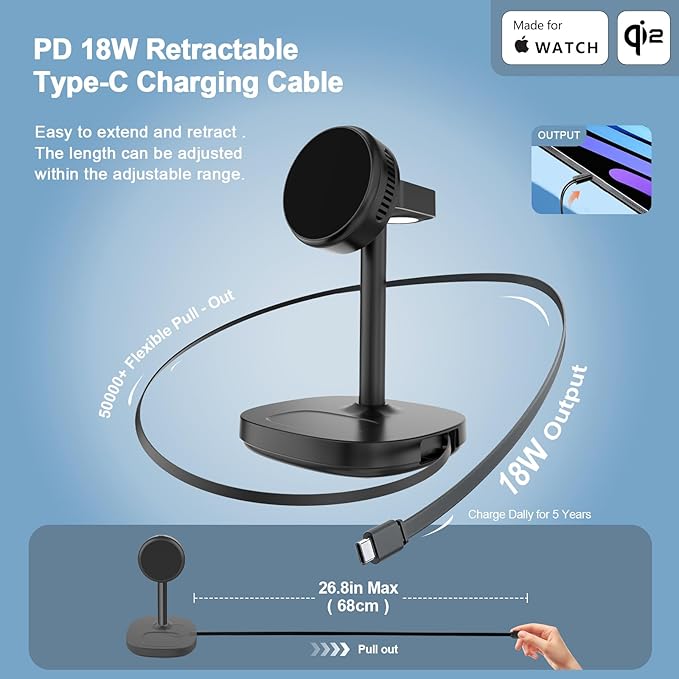 5 in 1 Qi2 Magnetic Wireless Charger Stand 15W Fast Wireless Charging Station with Cooling Fan for iPhone 17/16/15/14/13/12 AirPods Apple Watch - 65W Adapter &amp Retractable USB-C Cable Included